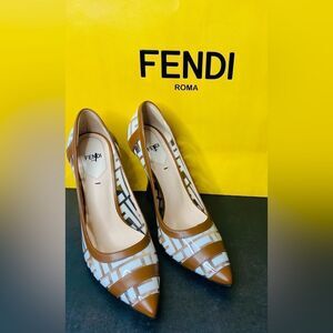 FENDI Colibri FF Logo-printed 105mm Pumps In Neutrals. Authentic and New